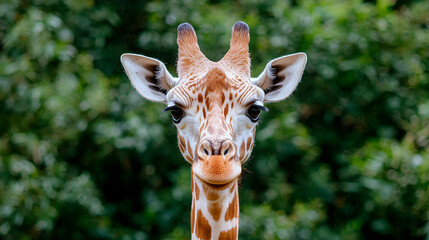 Obraz premium Giraffe portrait, zoo enclosure, leafy background, wildlife conservation (1)