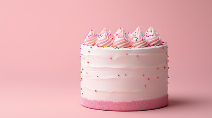 Delicious round cake topped with pink meringue swirls and sprinkles on a soft pink background for festive celebrations and special occasions