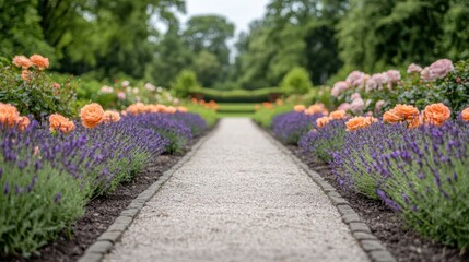 Close-up of blooming lavender and roses in a formal French garden, with a stone pathway leading to a French country home.