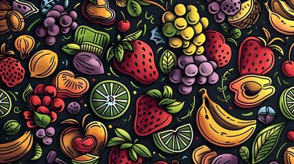 Colorful illustration of various fruits on a dark background, showcasing vibrant designs and textures