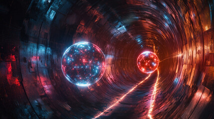 Fototapeta premium Futuristic digital space with glowing spherical objects creating vibrant light effects in a high-tech tunnel environment