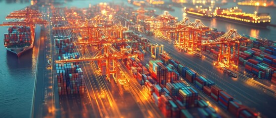 Obraz premium Global supply chain visualization with holographic logistics hubs and interconnected trade routes