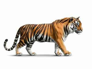 Obraz premium Realistic Tiger Walks with Stripes and Fur on a White Background, Wildlife Illustration.