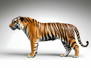 Realistic Tiger Stands Alertly on a White Background in a Studio Setting