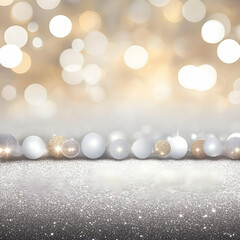 Fototapeta premium Silver and Gold Festive Christmas Background with Blurry Lights on Glitter Surface