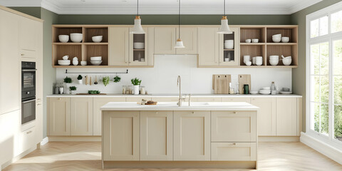 Fototapeta premium Modern Beige Kitchen Design Showcases a Clean and Organized Space with Ample Storage and Natural Light.