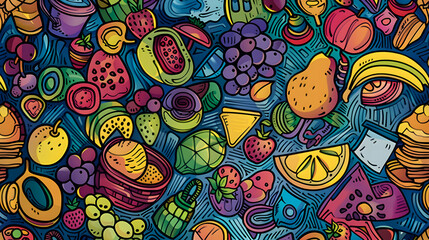 Naklejka premium Colorful illustration of various fruits and food items arranged in a vibrant pattern