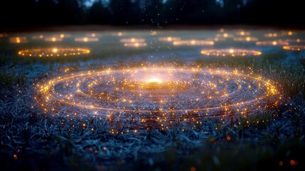 Cosmic Field: A Surreal Night Scene of Glowing Spiral Energy in a Dark Grassy Field