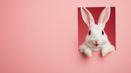 Obraz premium White Cute Rabbit Looking Out with a Surprised Expression on Pink Background: Perfect for Your Advertising Needs