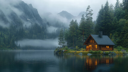 Fototapeta premium Misty mountain lake with cozy wooden cabin at dusk.