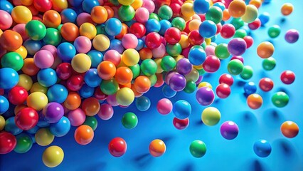 Vibrant mixed color balls scattered on a bright blue background, creating a playful and energetic atmosphere , vibrant