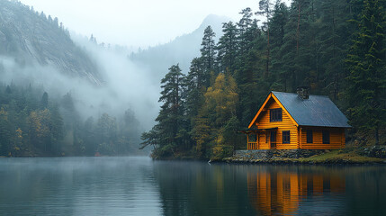 Fototapeta premium Misty mountain lake with wooden cabin reflecting in calm water.