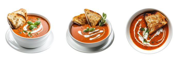 Set of tomato bisque soup with cream and toasted bread isolated on transparent background, cut out