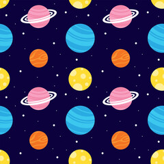 Seamless Pattern of Outer Space Exploration with Floating Astronaut and Planets in Cartoon Flat Design Illustration