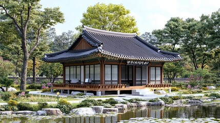 Obraz premium Serene Korean Pavilion: Picturesque Garden Architecture, Traditional Asian House Design, Peaceful Nature Scenery
