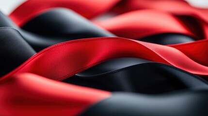 A close-up view of flowing red and black ribbons, showcasing their smooth texture and rich colors in an artistic arrangement.
