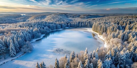 Obraz premium Frozen Lake Aerial View with Winter Forest Landscape