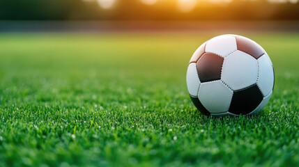 Fototapeta premium low angle close up shot of football resting on green grass, capturing essence of game and excitement of outdoor sports