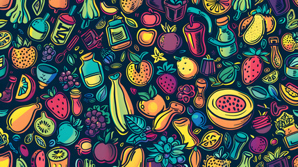 Naklejka premium Vibrant illustration of assorted fruits, vegetables, and beverages on a dark background, ideal for food-related themes