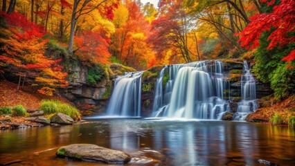 Obraz premium waterfall surrounded by vibrant autumn foliage in a serene natural setting, tranquil scene, autumn leaves