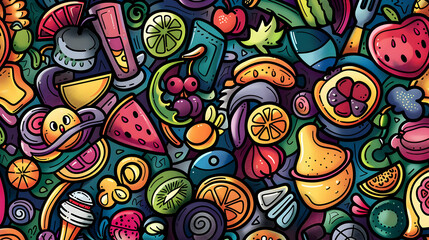 Obraz premium Colorful illustration of various fruits and desserts arranged in a vibrant pattern