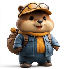 Cute 3D Beaver Character with Backpack and Sunglasses on White Background