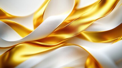 A close-up of flowing white and gold satin ribbons, showcasing their smooth texture and elegant curves.