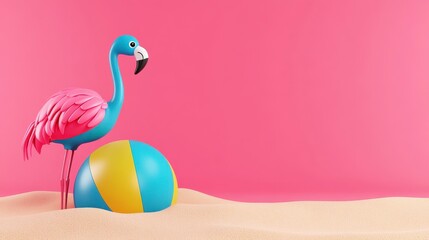 Obraz premium Colorful Flamingo with Beach Ball on Sand and Pink Background