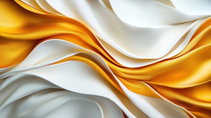 A close-up of intricately draped satin fabric in white and golden hues, showcasing smooth textures and elegant folds.