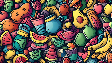 Obraz premium Colorful assortment of various fruits, desserts, and beverages in a vibrant pattern background
