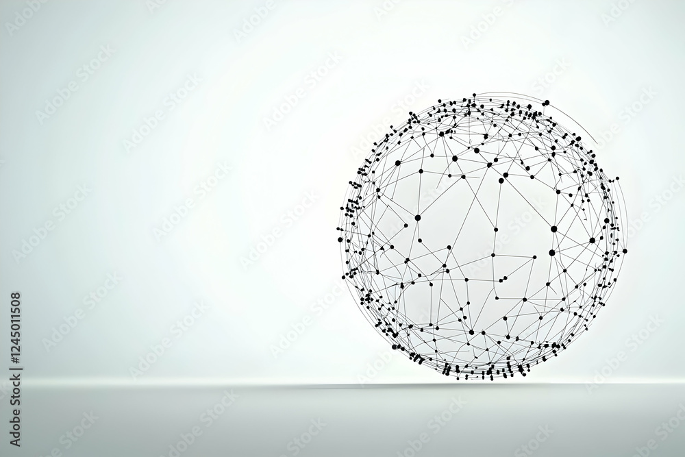 Wall mural abstract wireframe sphere connects dots and lines, forming intricate network on clean background