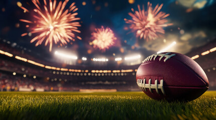 football on field with fireworks in background, celebrating festive atmosphere. scene captures excitement of sports event at night