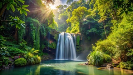 waterfall amidst dense foliage, serene landscape, serene environment, serene landscape