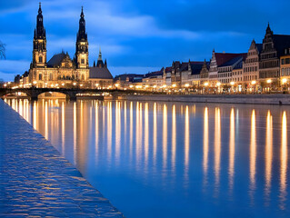 Fototapeta premium Cityscape at Night: Illuminated Buildings Reflect in the Calm River, a Tranquil Urban Scene.