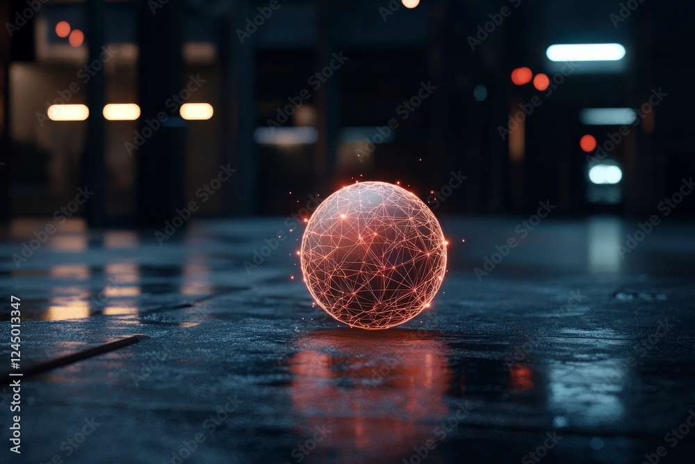 Poster glowing sphere with connected lines and particles in a dark urban environment with reflections on we