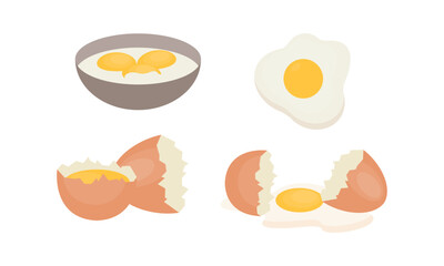 Egg sets in various forms raw, boiled and fried. Organic agricultural products. Ingredients for breakfast