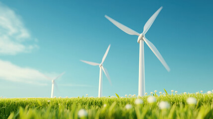 Three white wind turbines stand tall against clear blue sky, surrounded by lush green grass and blooming flowers, symbolizing renewable energy and sustainability