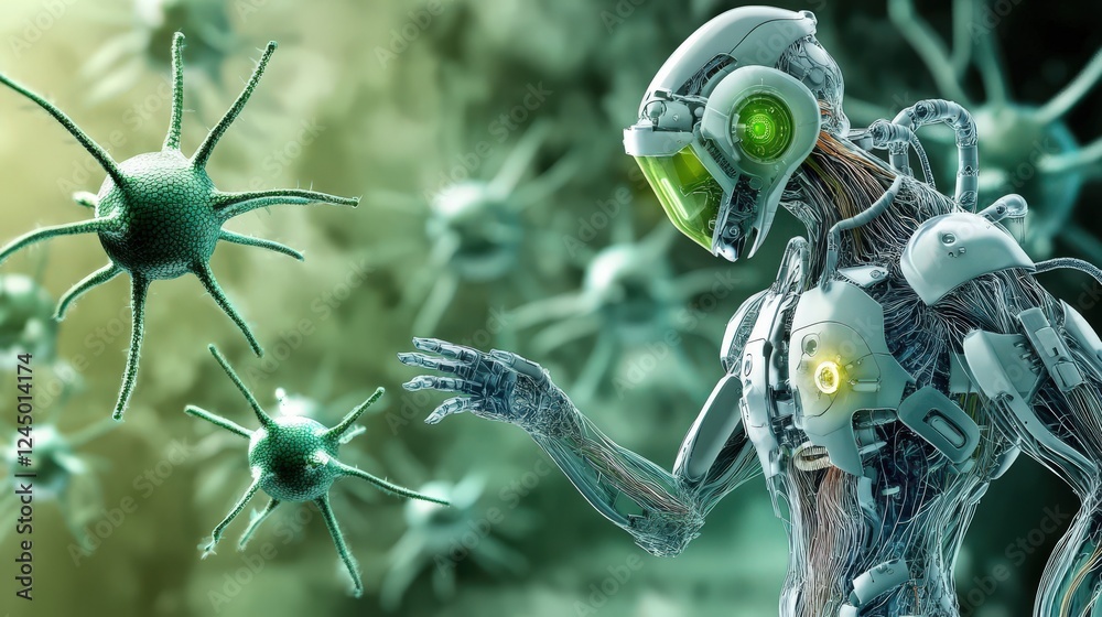 Poster Futuristic Robot Interacting with Viruses in Abstract Environment