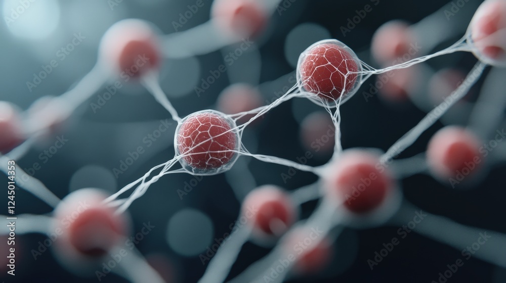 Poster detailed view of red molecules connected by white fibers in science