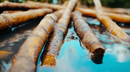 Close-Up View of Wooden Sticks in Calm Water Reflection