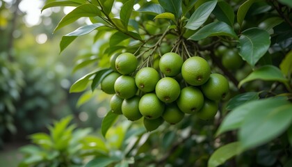 Lush Green Lime Fruit Hanging on Bright Leaves