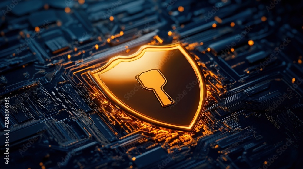 Poster Digital Security Shield with Keyhole on Circuit Board Background