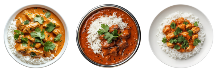 Set of butter chicken curry with basmati rice and cilantro, isolated on transparent background, cut out