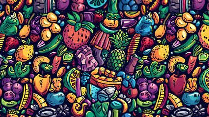 Fototapeta premium Vibrant and colorful illustration of assorted fruits and desserts arranged in a playful pattern