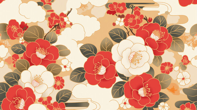 華やかな赤椿の和柄イラスト｜和風・背景・テクスチャ