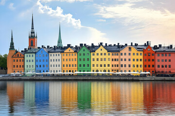 Fototapeta premium Colorful Buildings Reflect in the Water with Majestic Church Spires Under a Cloudy Sky