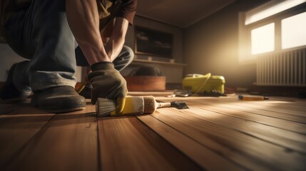 close-up of a craftsman installing a wooden floor, light from the window shining softly in the background, the mood is focused and professional,