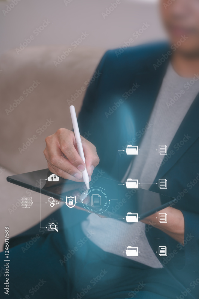 Wall mural businessman using electronic pen working on digital tablet with virtual screen big data analytics an