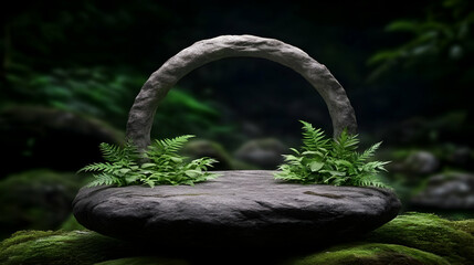 Fototapeta premium Stone Arch and Rock Podium with Ferns in a Lush Forest Setting Creates a Mystical Ambiance.
