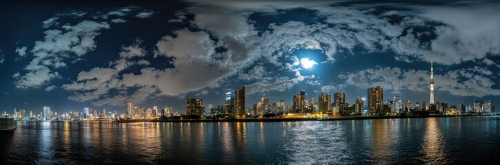 Night Cityscape Skyline Illuminated Under Moonlit Clouds